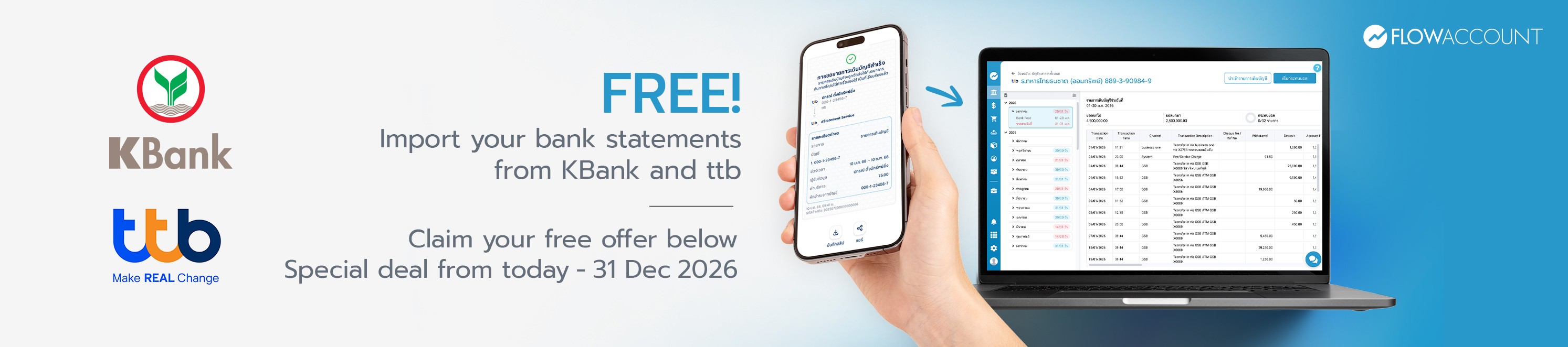 Import KBank and ttb bank statements into FlowAccount accounting software