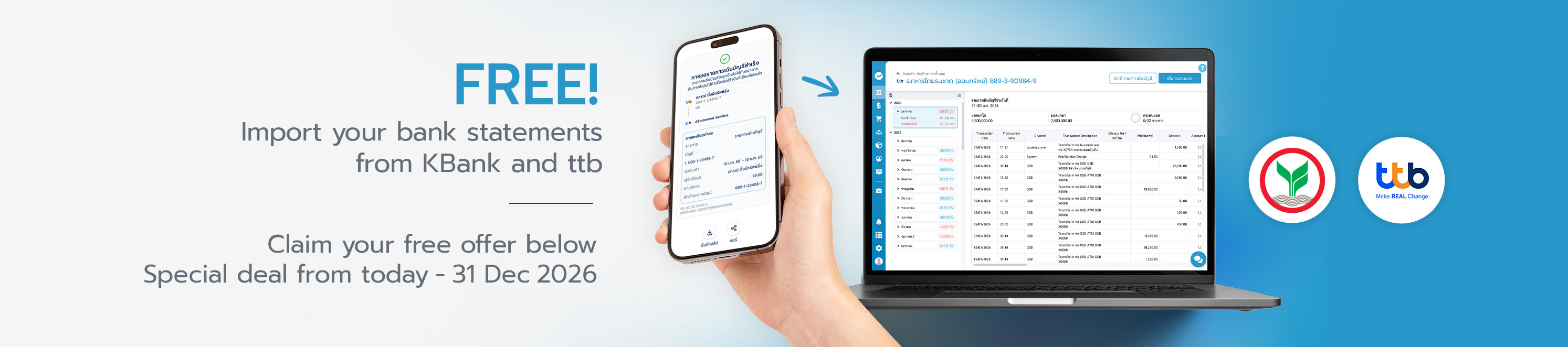 Import KBank and ttb bank statements into FlowAccount accounting software