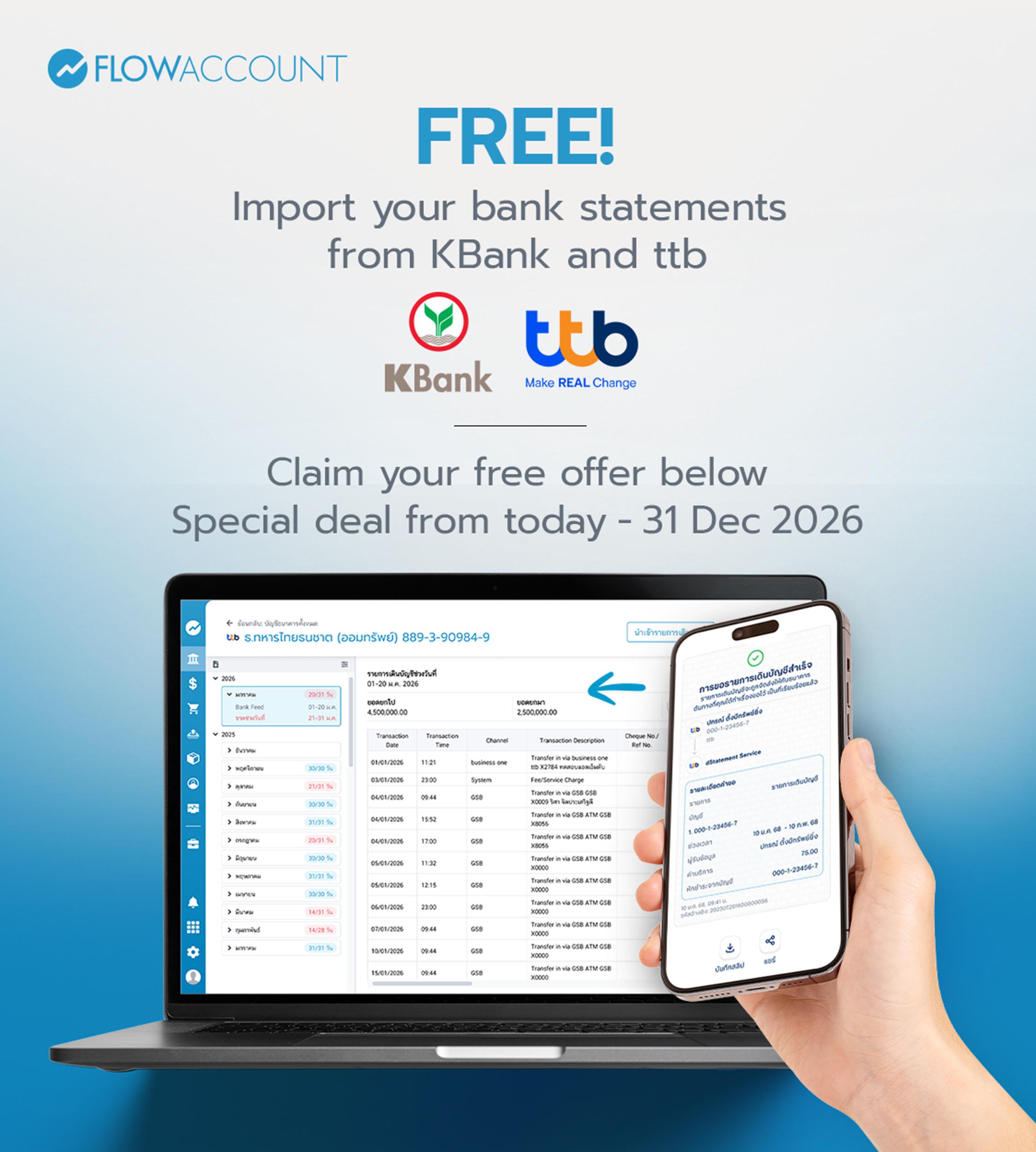 Import KBank and ttb bank statements into FlowAccount accounting software