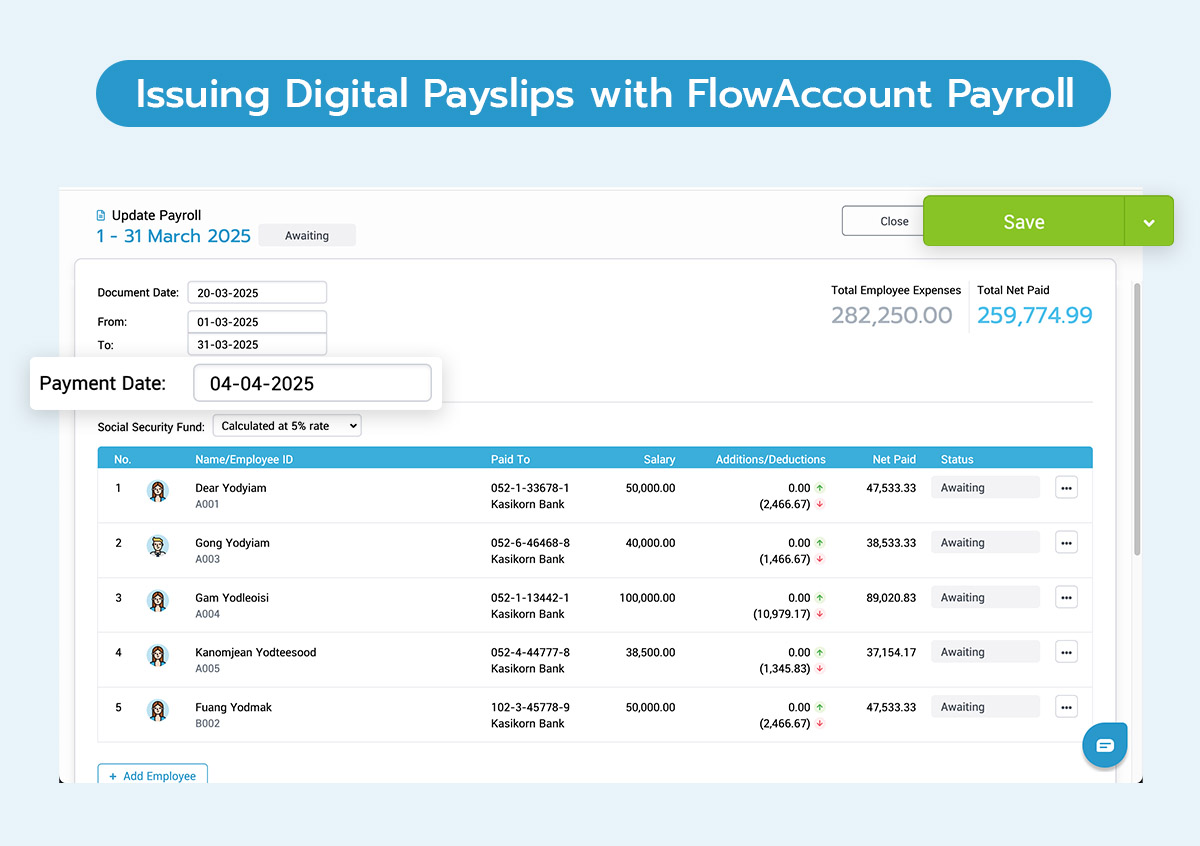 Specify the payroll period and payment date, then click save