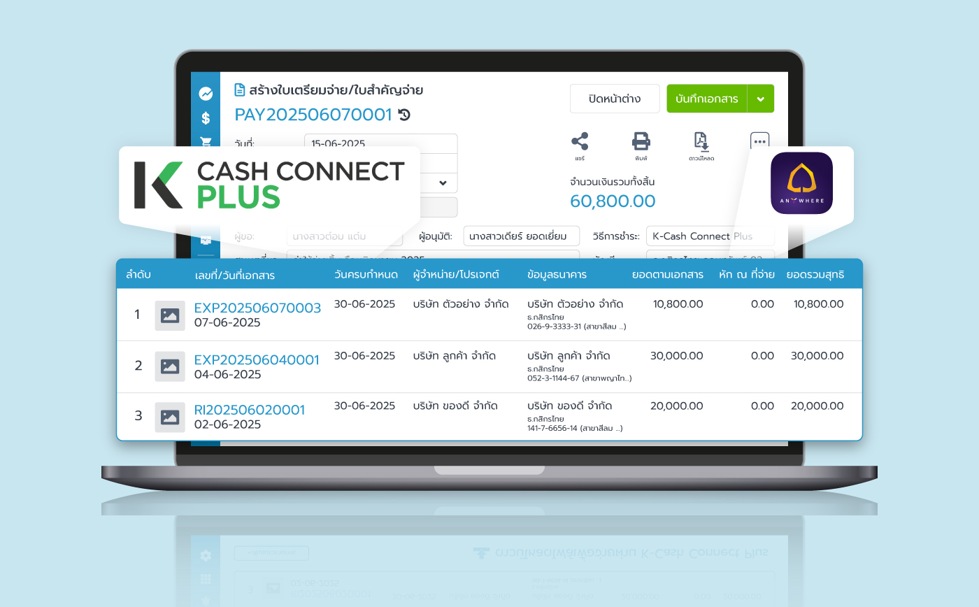 เตรียมจ่ายค่าใช้จ่ายที่มีหลายผู้จำหน่าย พร้อมดาวน์โหลดไฟล์จ่ายด้วย K-Cash Connect Plus และ SCB